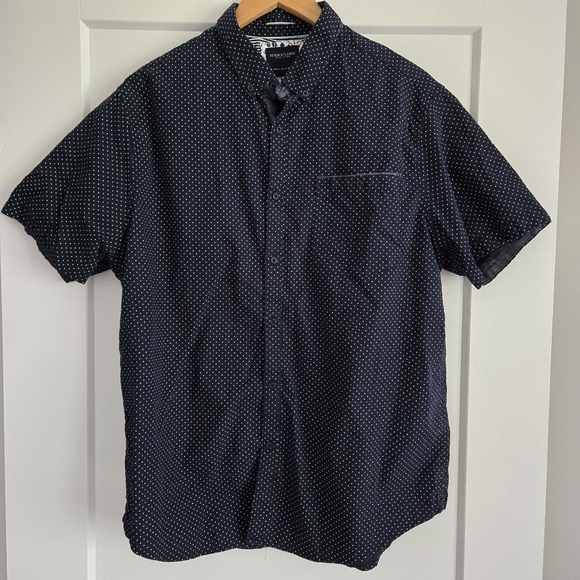 Denim & Flower Navy Blue Polka Dot Xl Men's Short Sleeve Button Up Dress Shirt - Picture 1 of 9